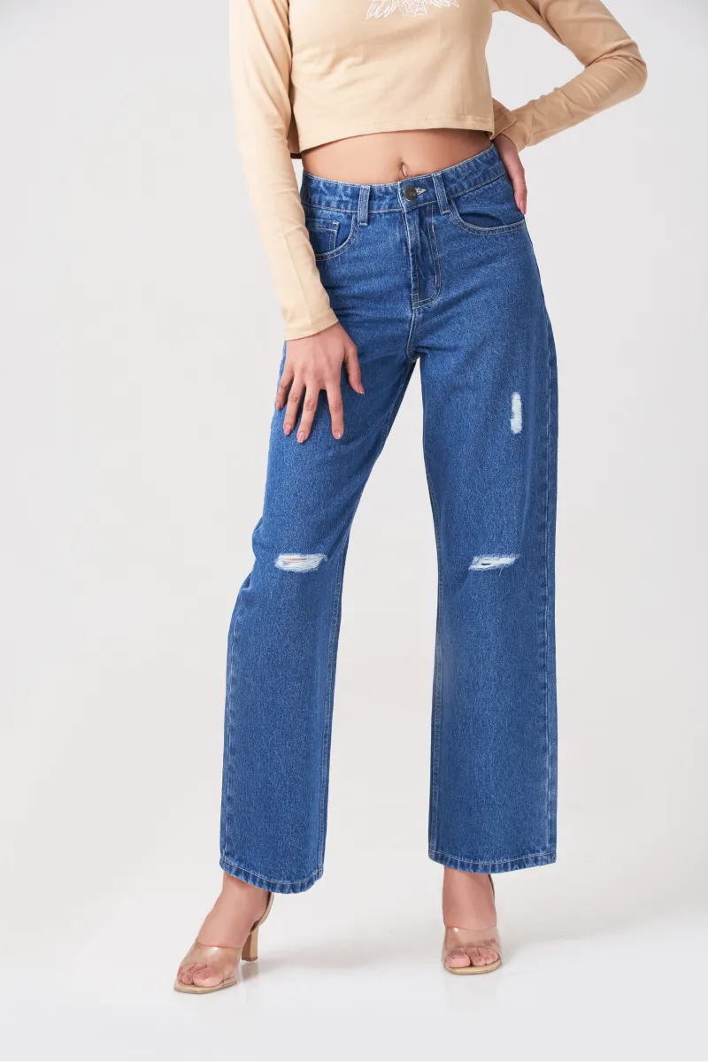 Blue Culotte High Waist Ripped Jeans