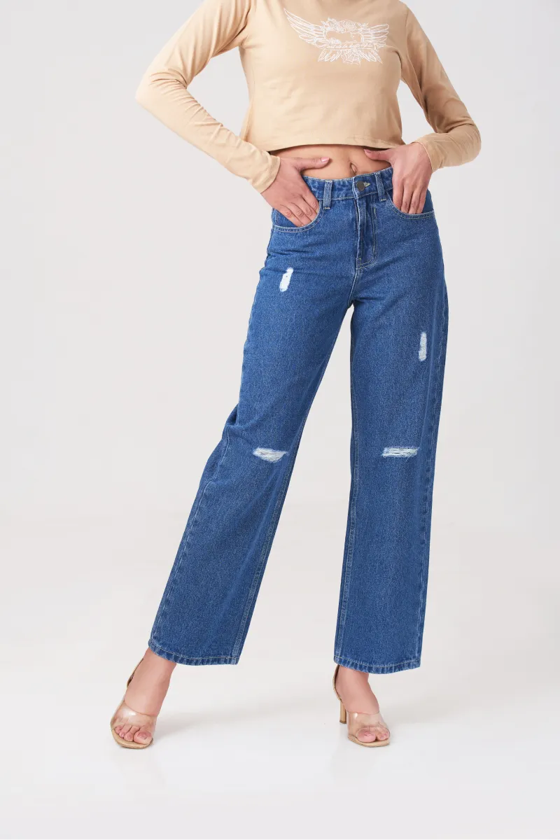 Blue Culotte High Waist Ripped Jeans