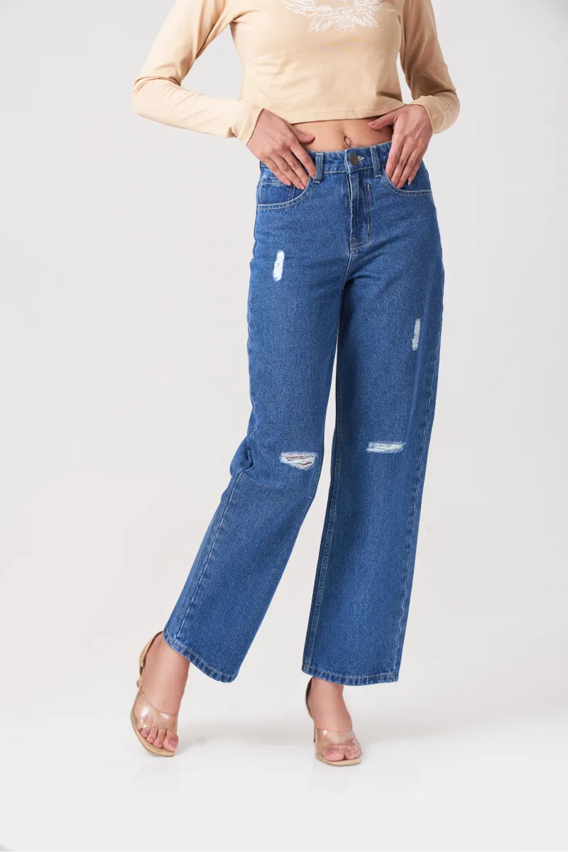 Blue Culotte High Waist Ripped Jeans