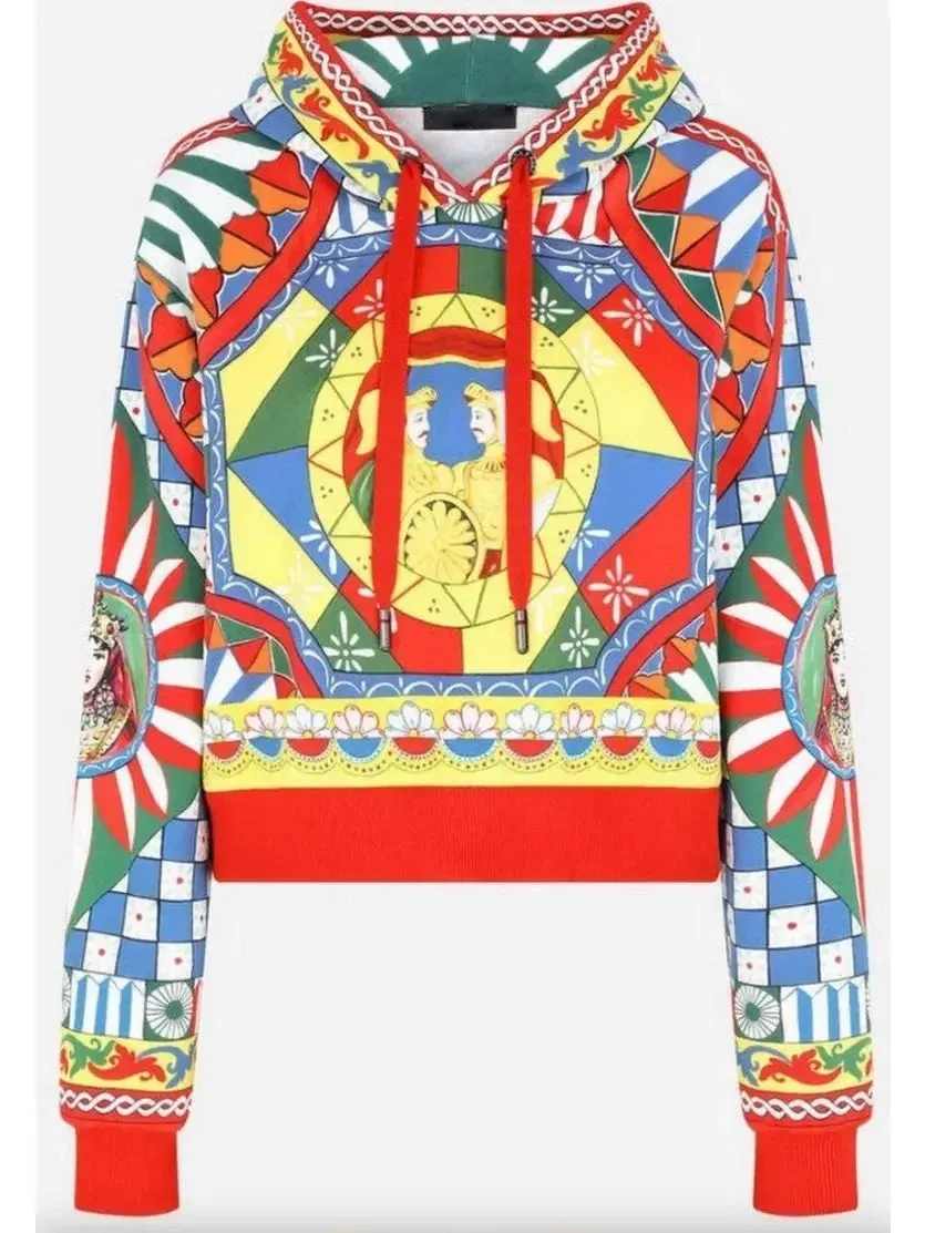 Carretto-Print Cropped Jersey Hoodie