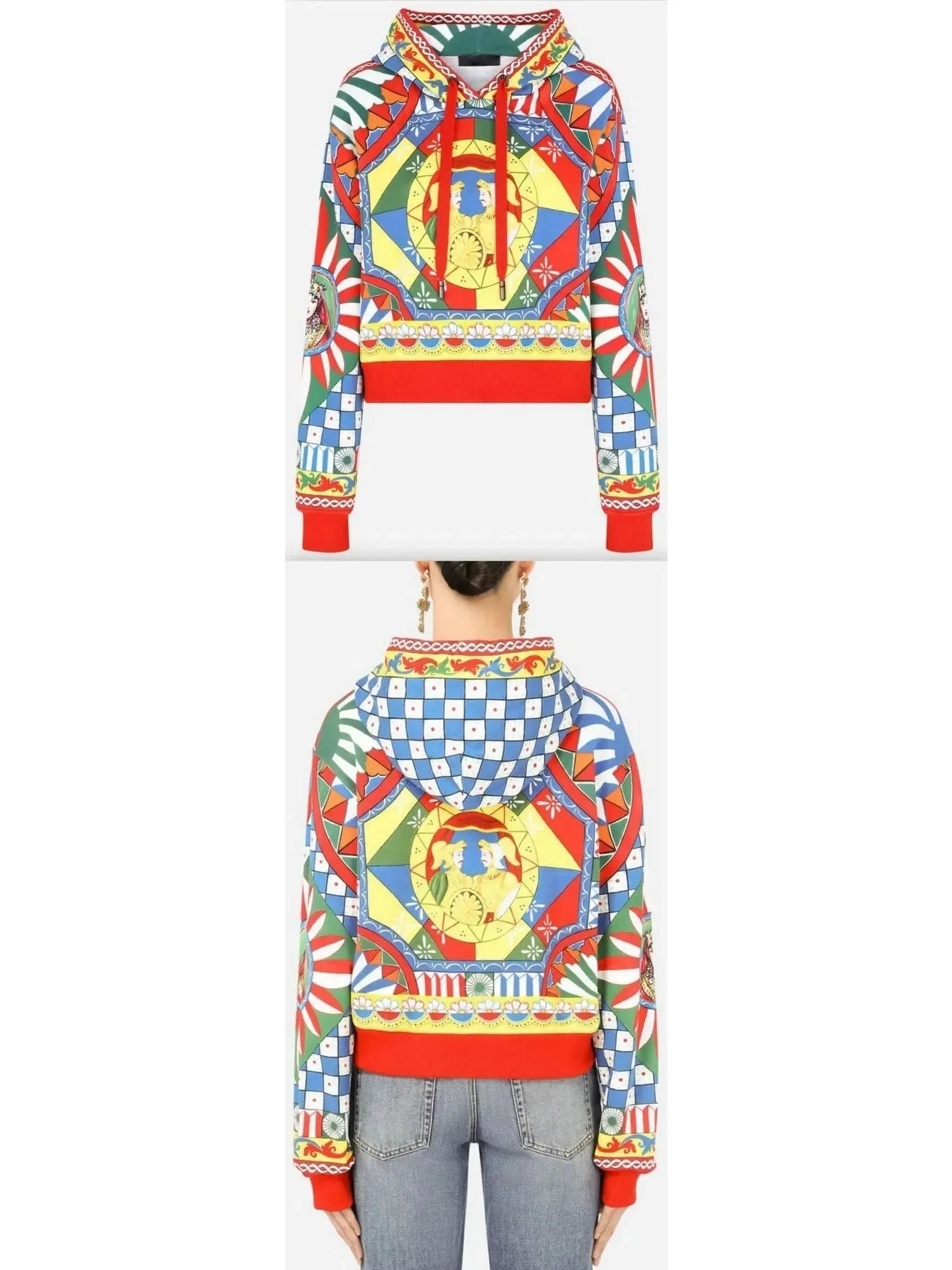 Carretto-Print Cropped Jersey Hoodie