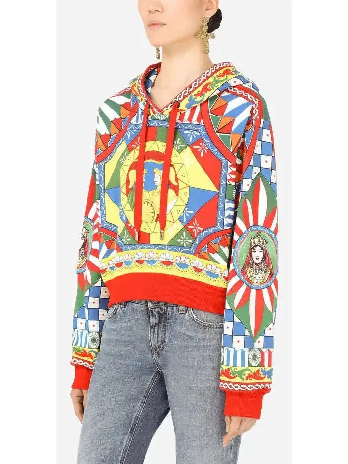 Carretto-Print Cropped Jersey Hoodie