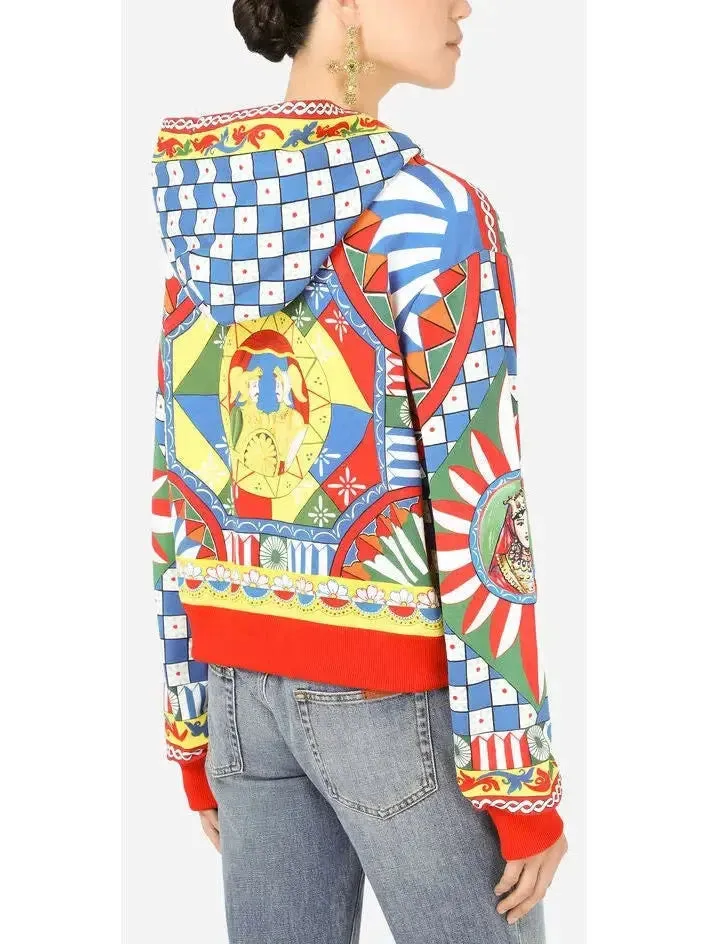 Carretto-Print Cropped Jersey Hoodie