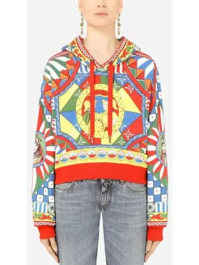 Carretto-Print Cropped Jersey Hoodie