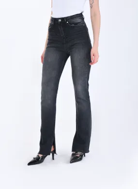 Dark Grey Faded Classic Jeans With Slits