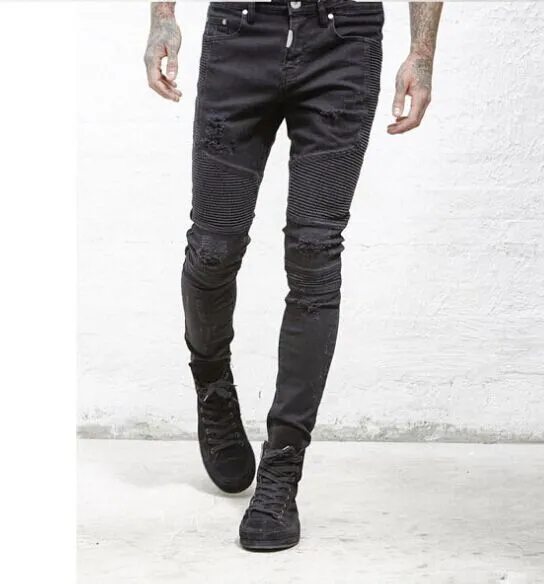 Designer pants slp blue/black destroyed mens slim denim straight biker Men skinny jeans