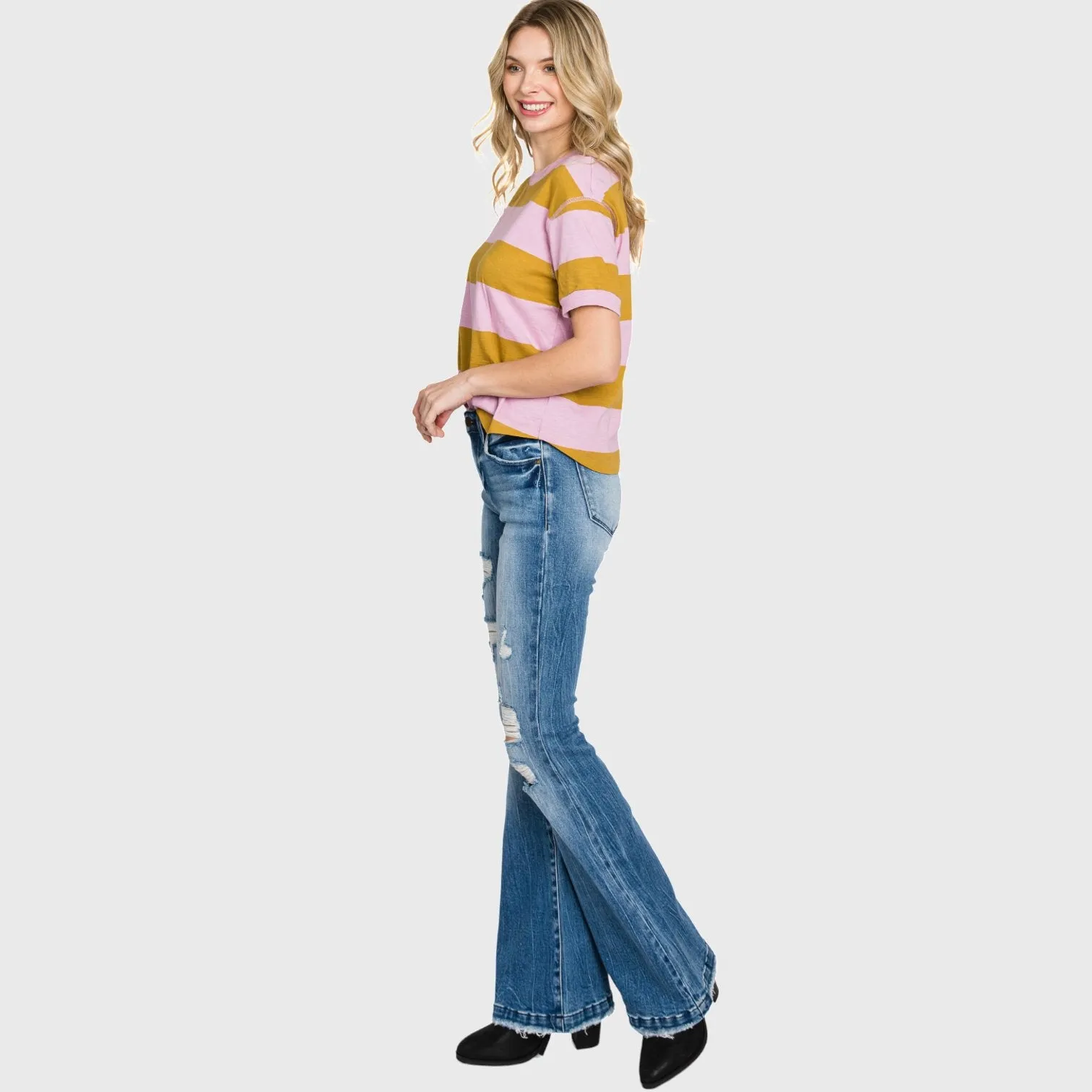 DISTRESSED MID RISE STRETCH FLARE WITH TROUSER HEM