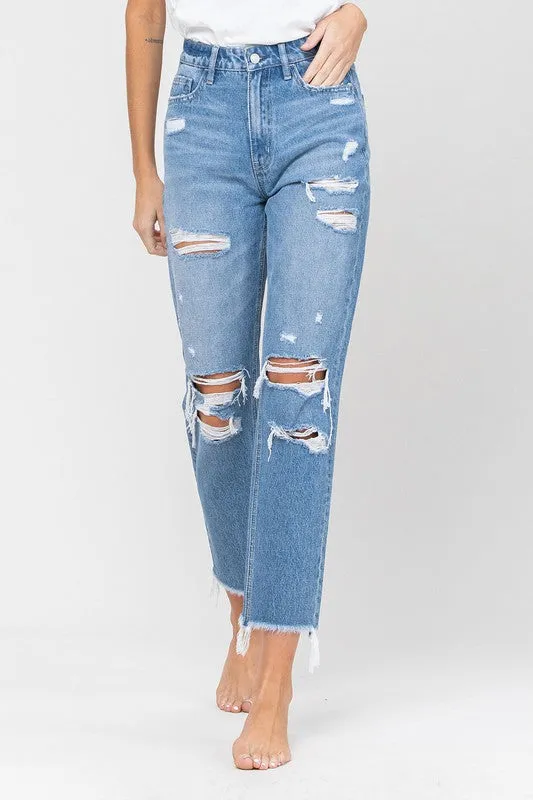 DISTRESSED RAW HEM MOM JEANS