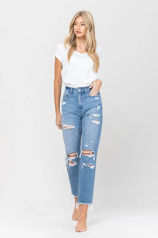 DISTRESSED RAW HEM MOM JEANS