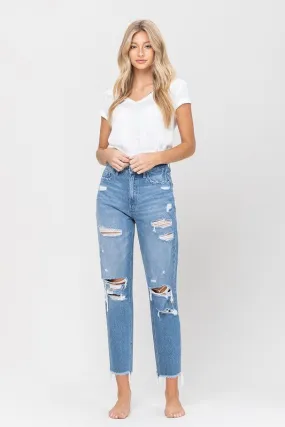 DISTRESSED RAW HEM MOM JEANS