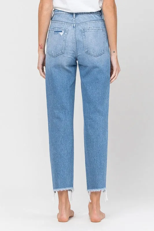 DISTRESSED RAW HEM MOM JEANS