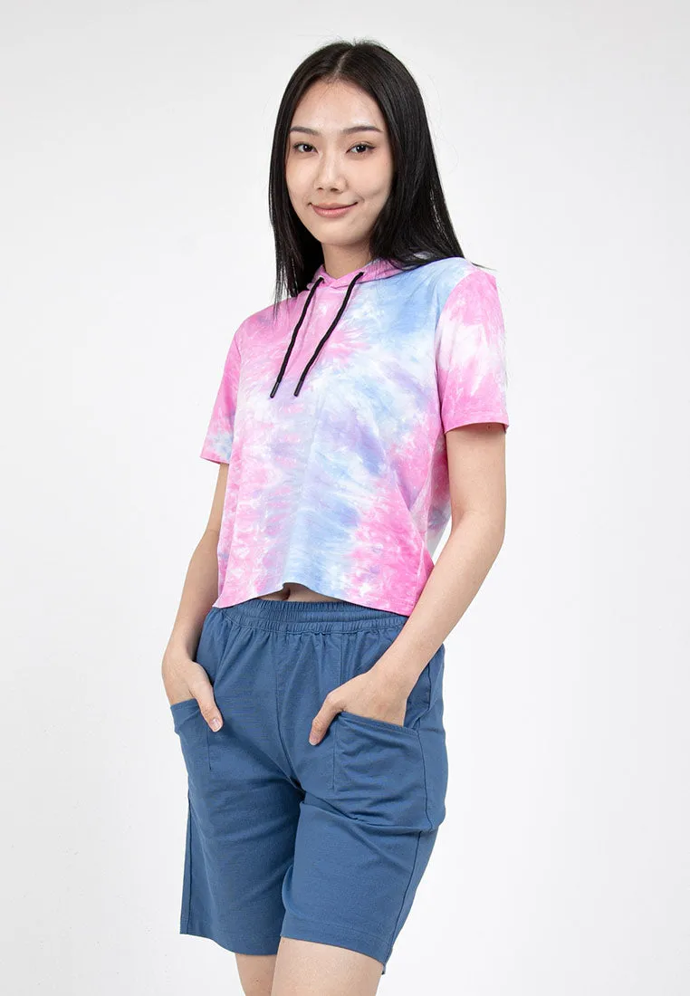 Forest Ladies Stretchable Premium Weight Cotton Tie Dye Cropped Short Sleeve Hoodies - Baju T shirt Perempuan - 822322