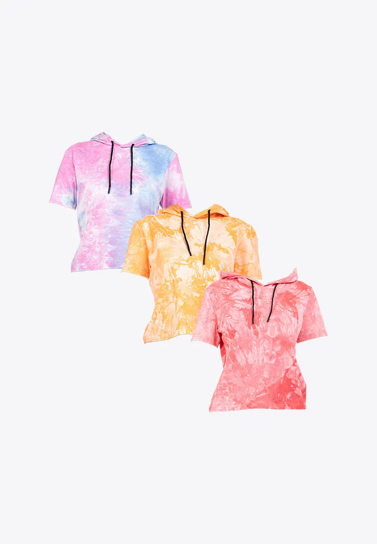 Forest Ladies Stretchable Premium Weight Cotton Tie Dye Cropped Short Sleeve Hoodies - Baju T shirt Perempuan - 822322