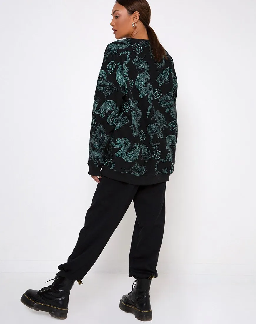 Glo Sweatshirt in Dragon Flower Black and Mint