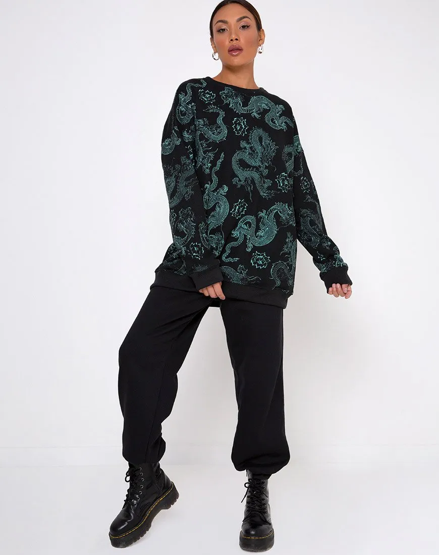 Glo Sweatshirt in Dragon Flower Black and Mint