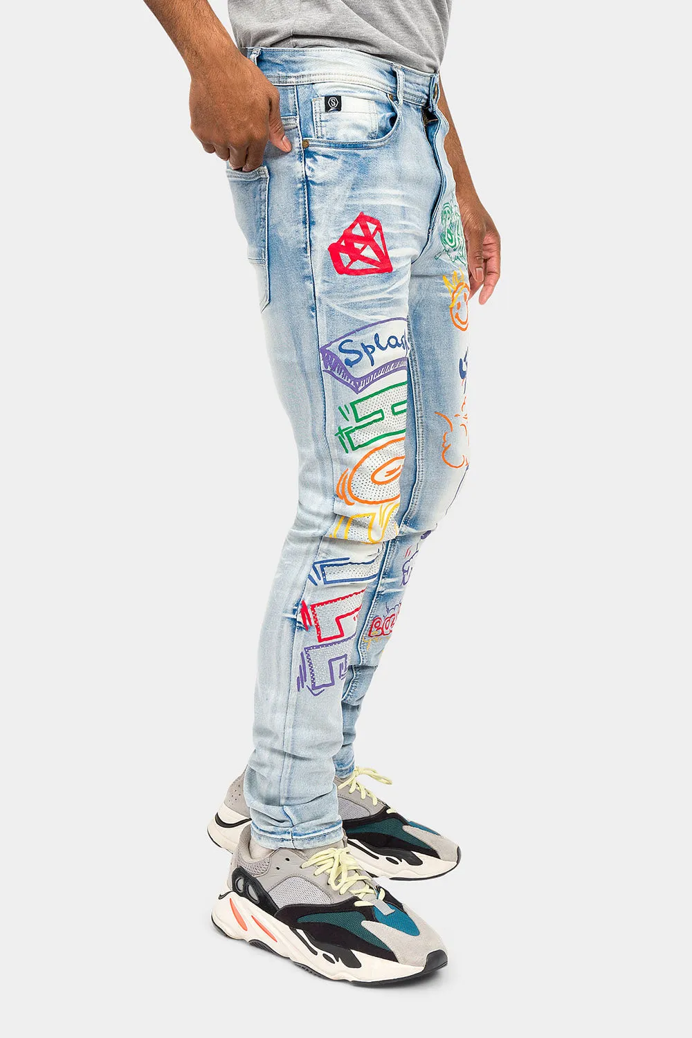 Graffiti Faded Washed Denim Jeans