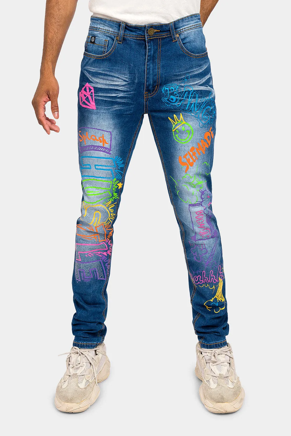 Graffiti Faded Washed Denim Jeans