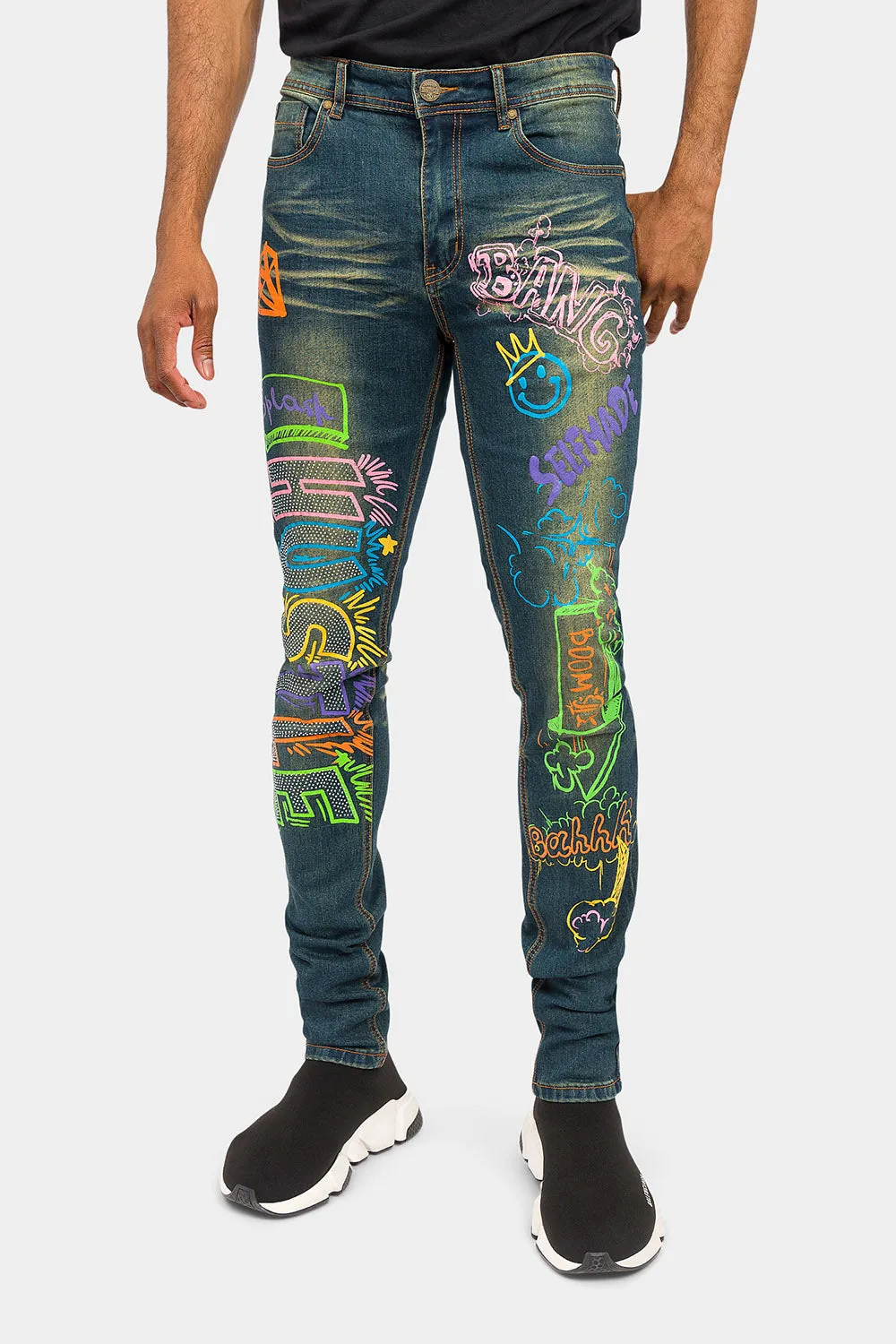 Graffiti Faded Washed Denim Jeans