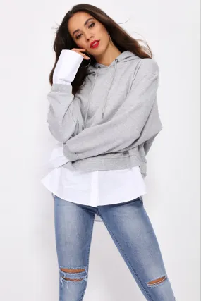 Grey Cropped Hoodie With Shirt Underlay