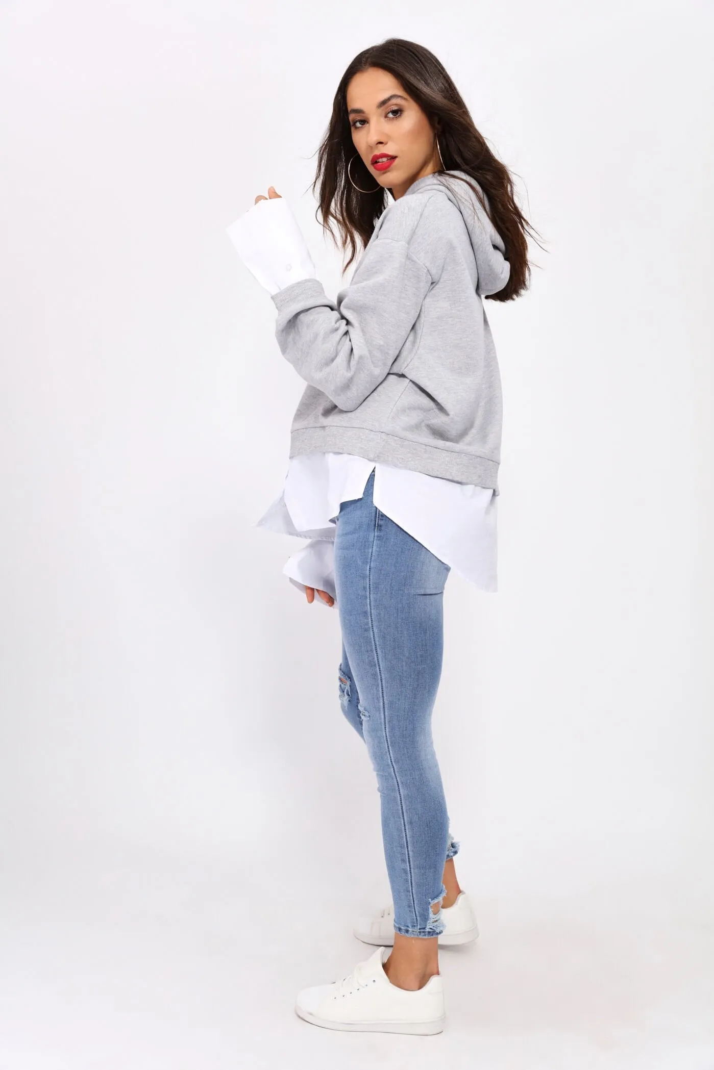 Grey Cropped Hoodie With Shirt Underlay