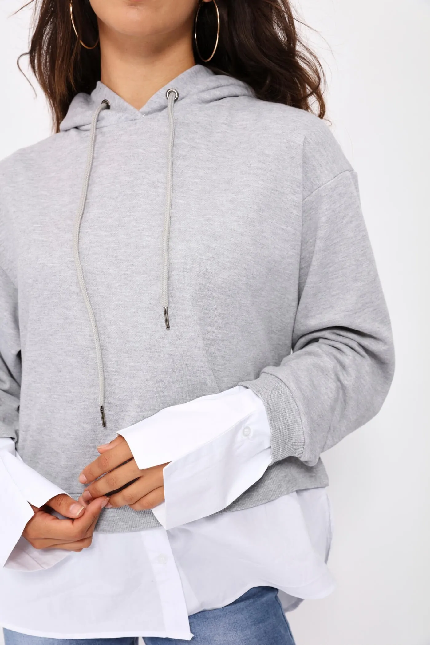 Grey Cropped Hoodie With Shirt Underlay