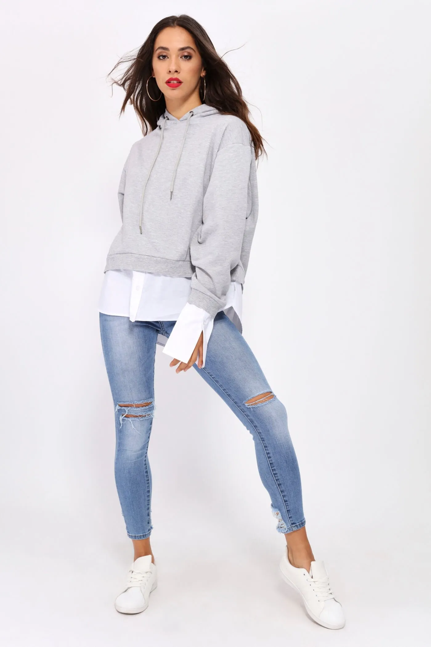 Grey Cropped Hoodie With Shirt Underlay