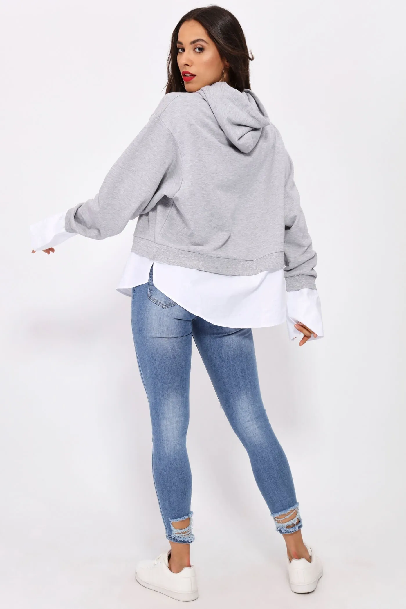 Grey Cropped Hoodie With Shirt Underlay