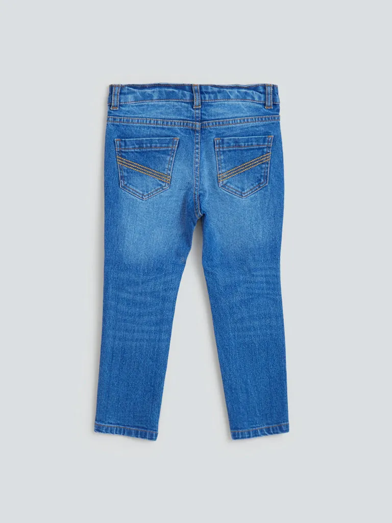 HOP Kids Blue Whisker Design Slim - Fit Mid- Rise Jeans