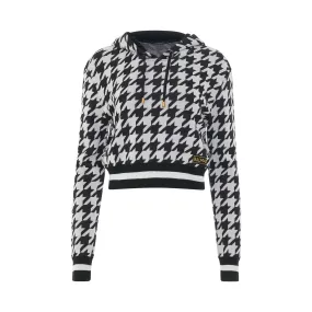 Houndstooth Jacquard Knit Cropped Hoodie in White/Black