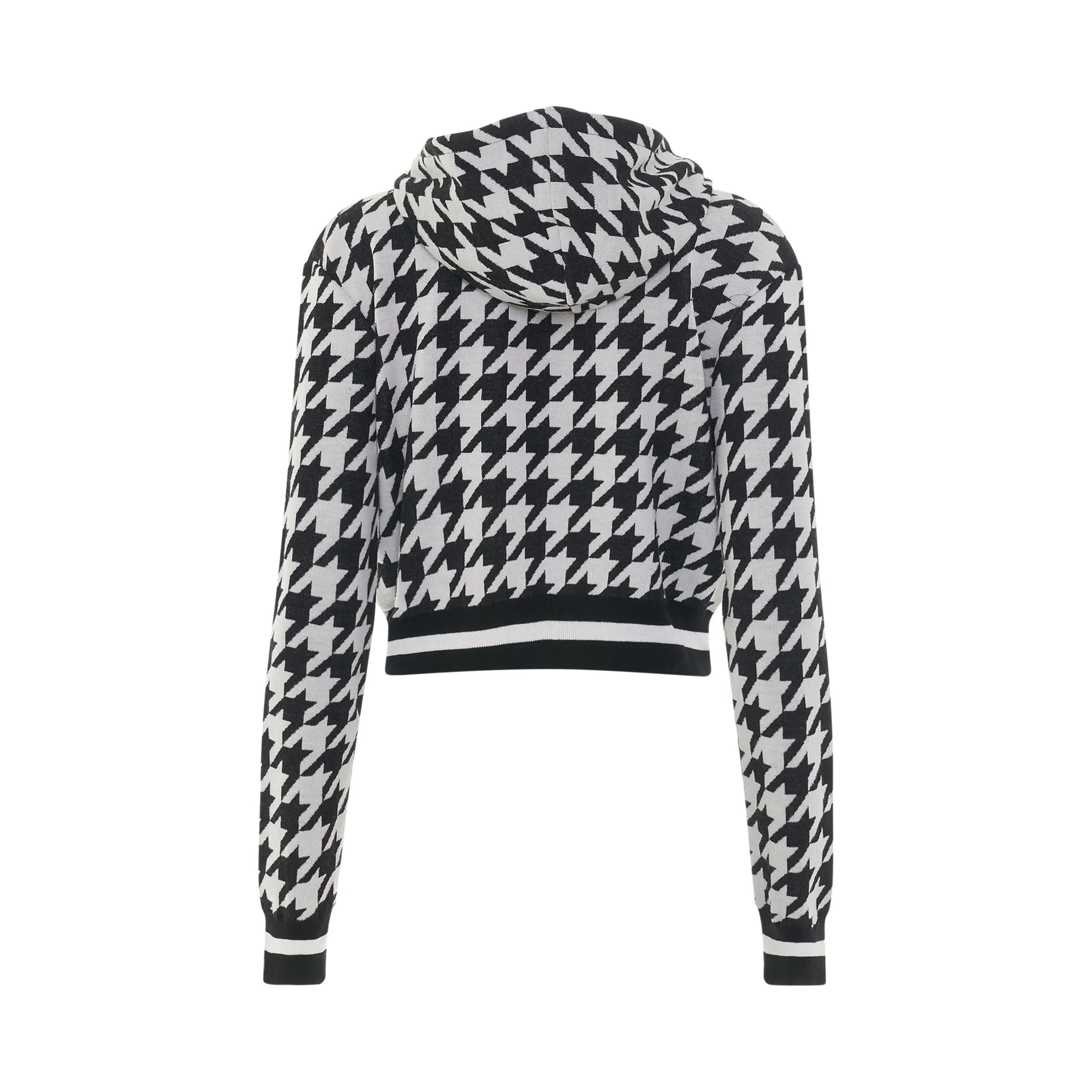 Houndstooth Jacquard Knit Cropped Hoodie in White/Black