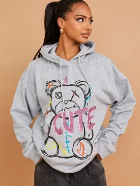 Isabela Cute Teddy Graphic Print Hoodie In Grey