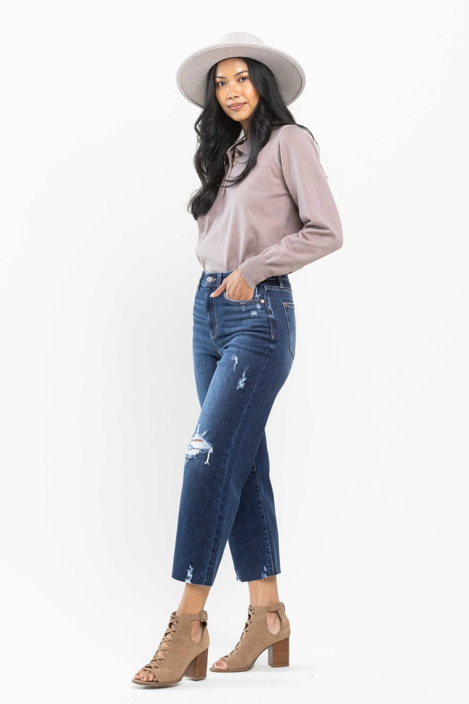 Judy Blue High Waist Distressed Crop Wide Leg Jeans