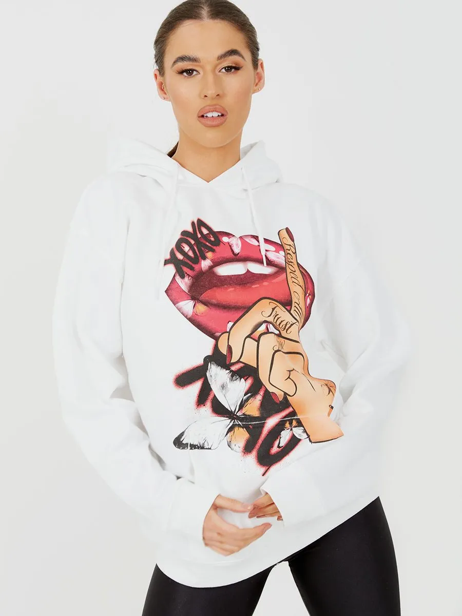 Kay Respect All Graphic Fleeced Hoodie In White