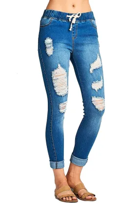 Khanomak Drawstring Waist Ripped Distressed Fitted Skinny Jeans