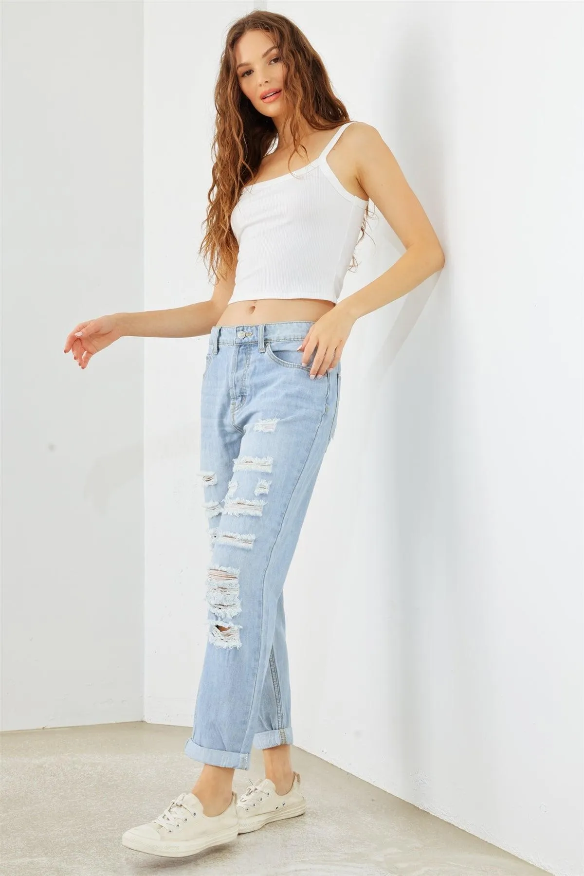 Light Blue Denim Cotton Ripped High Waist Jeans