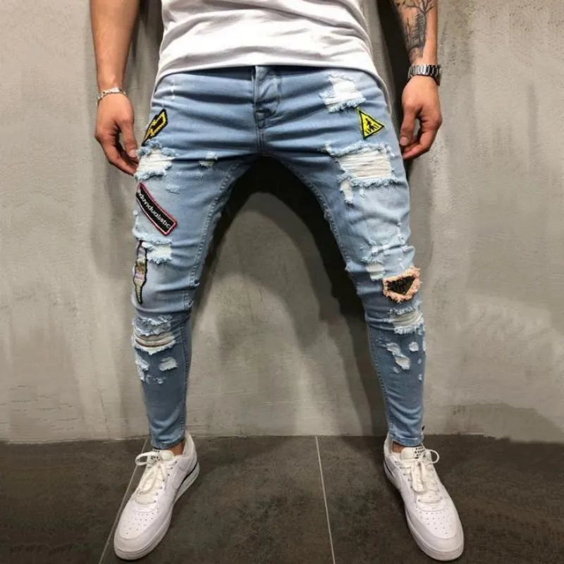 Men's Summer Embroidered Ripped Jeans