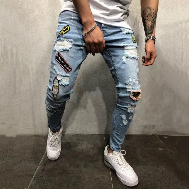 Men's Summer Embroidered Ripped Jeans