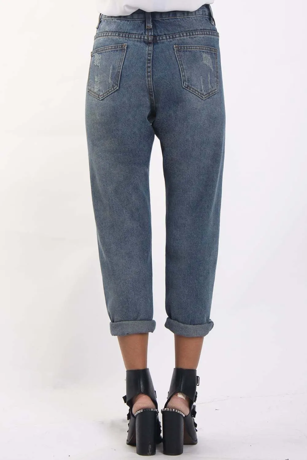 Mid Wash Blue Ripped Distressed Boyfriend Jeans