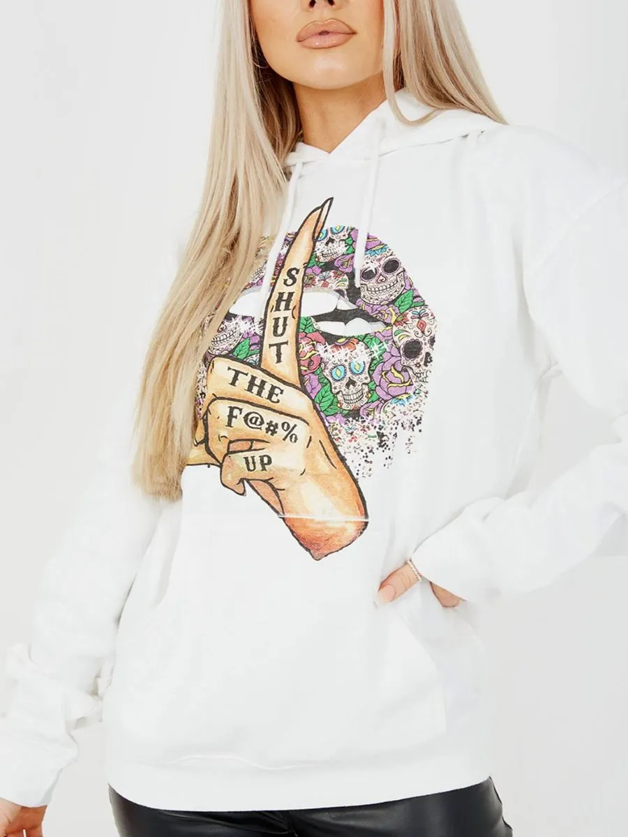 Nancy Shut Up Graphic Fleeced Hoodie In White