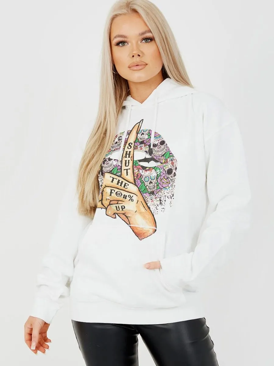 Nancy Shut Up Graphic Fleeced Hoodie In White