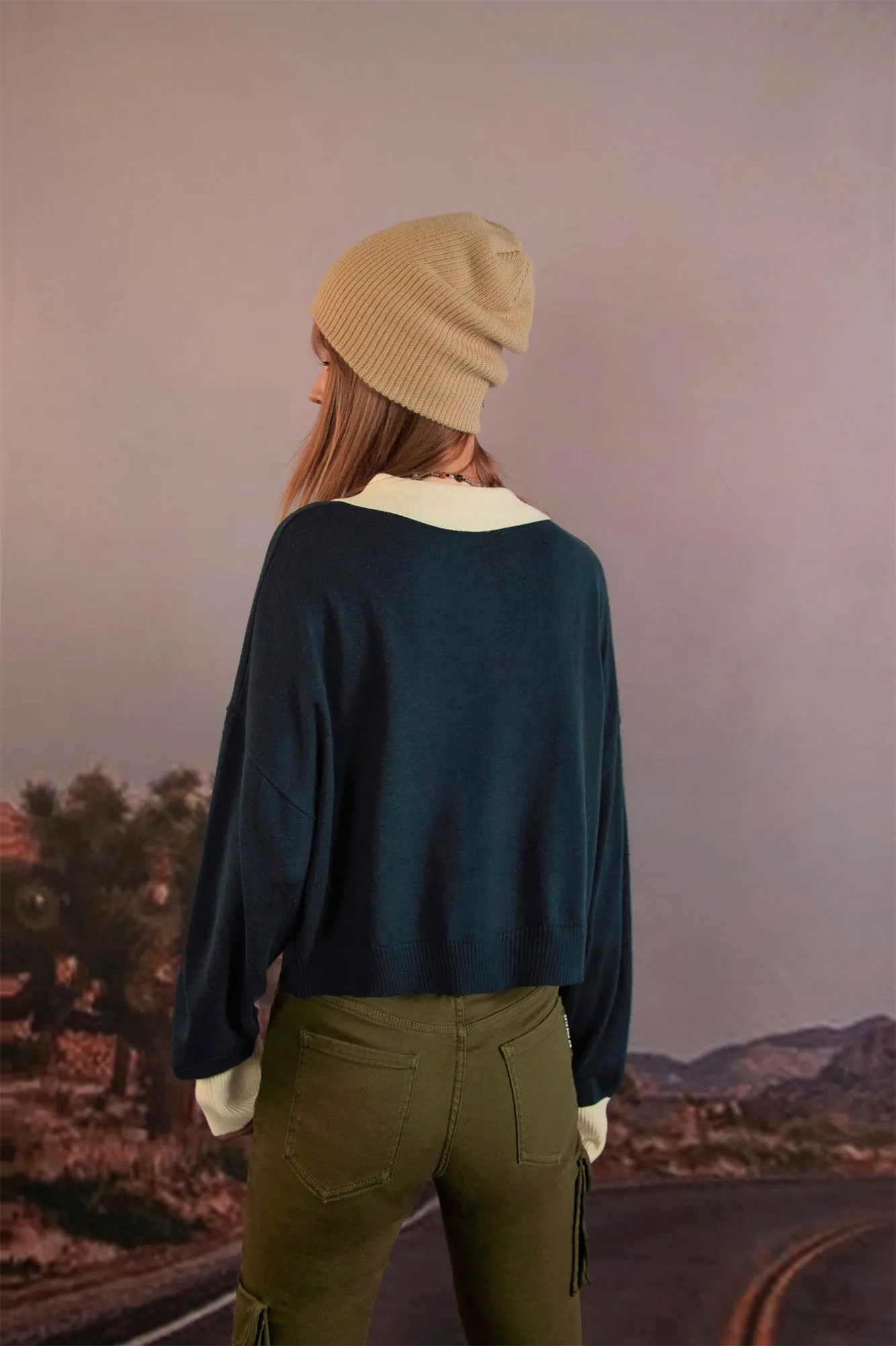 Polo Neck Cropped Knit Sweatshirt