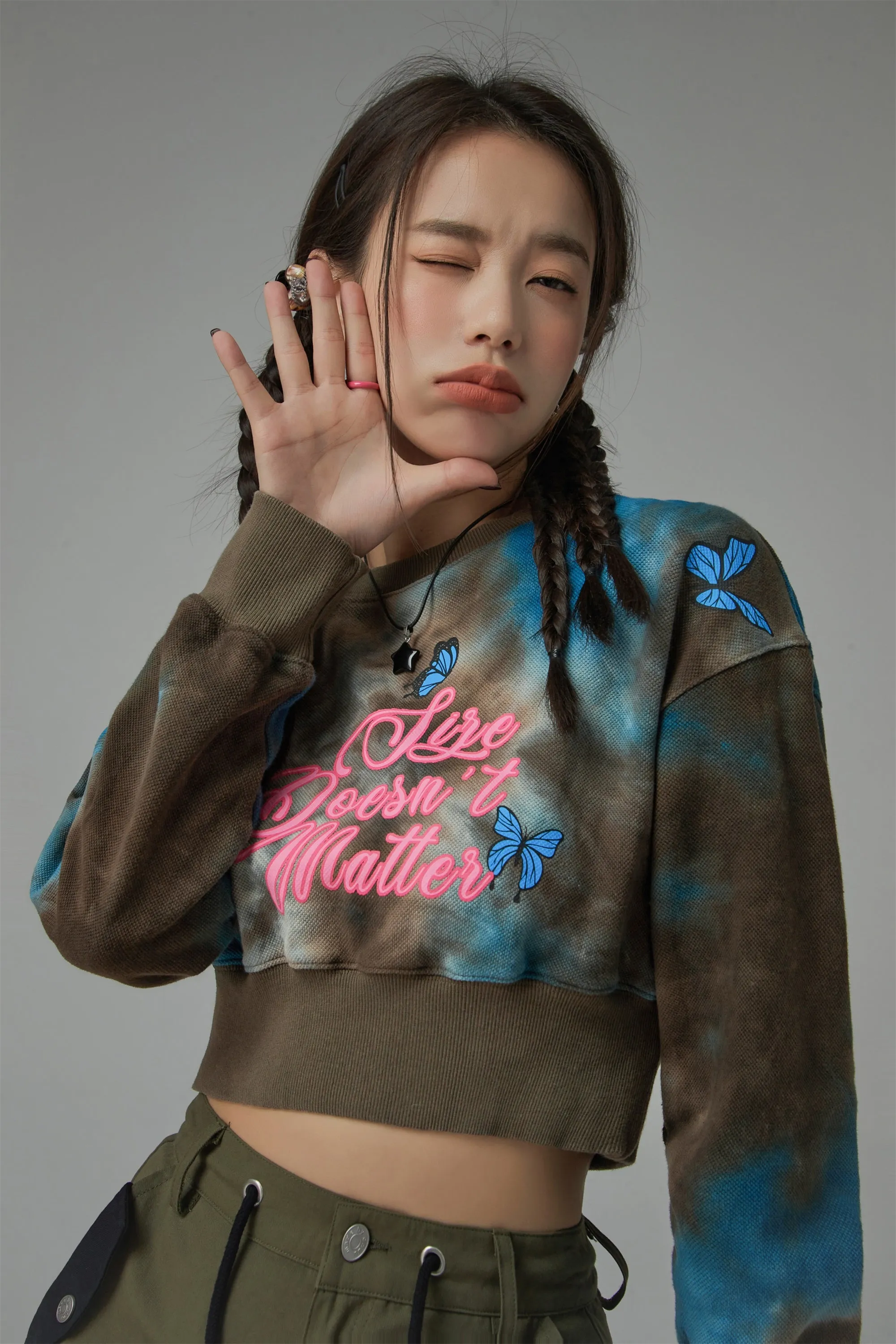 Printed Butterflies Cropped Sweatshirt