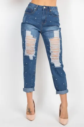 Rhinestones Ripped-front Denim Jeans