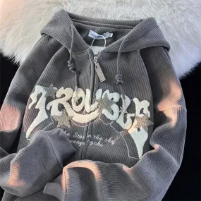 Riolio Autumn Men's Goth Corduroy Zip Up Hoodies Hip Hop Fashion Foam Print Jacket Women's Y2K Vintage Streetwear Hoody Sweatshirts