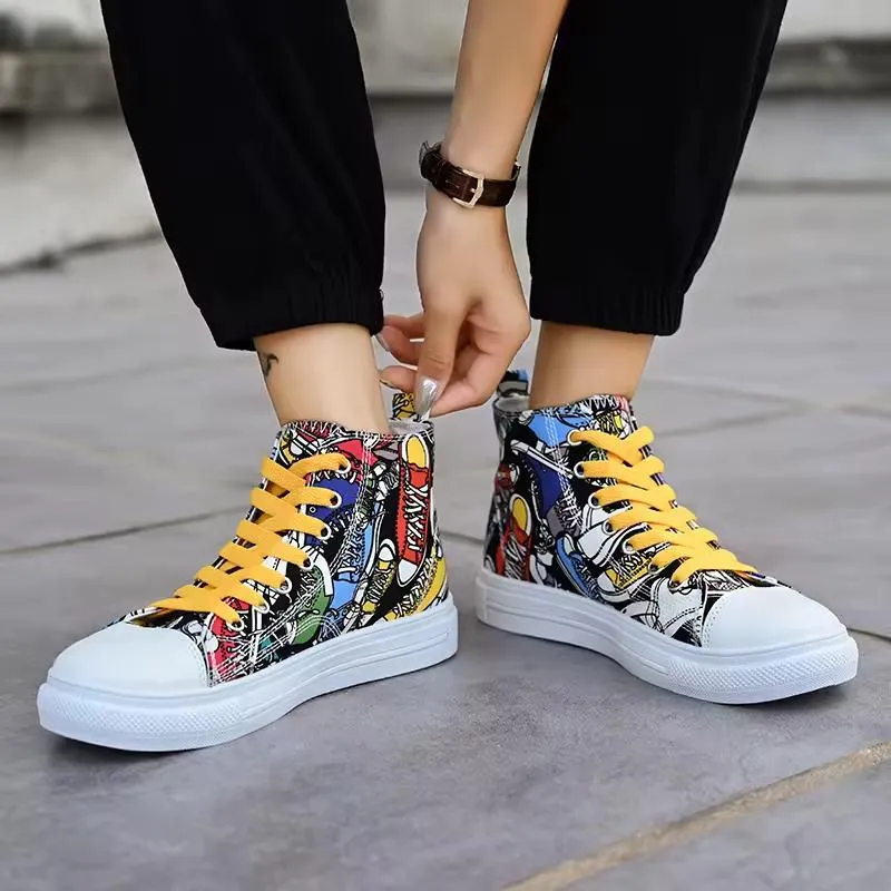 Street Style Canvas Sneakers with Graffiti Print