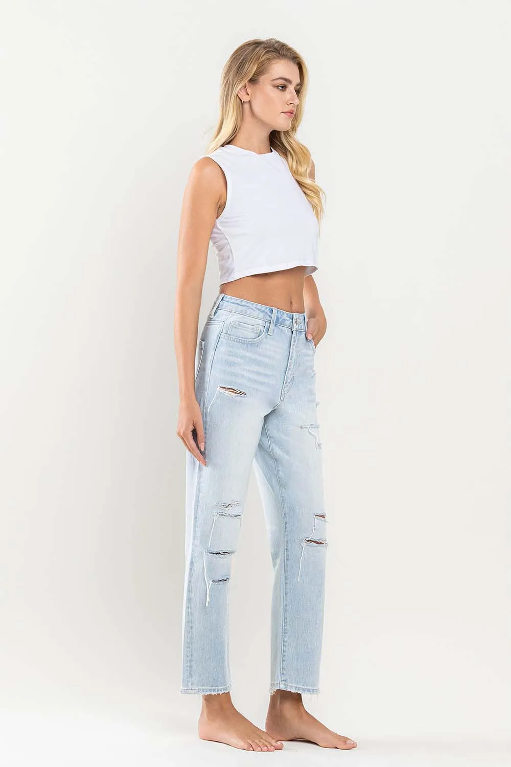 Vervet Super High Rise Light Wash Distressed Crop Straight Jeans