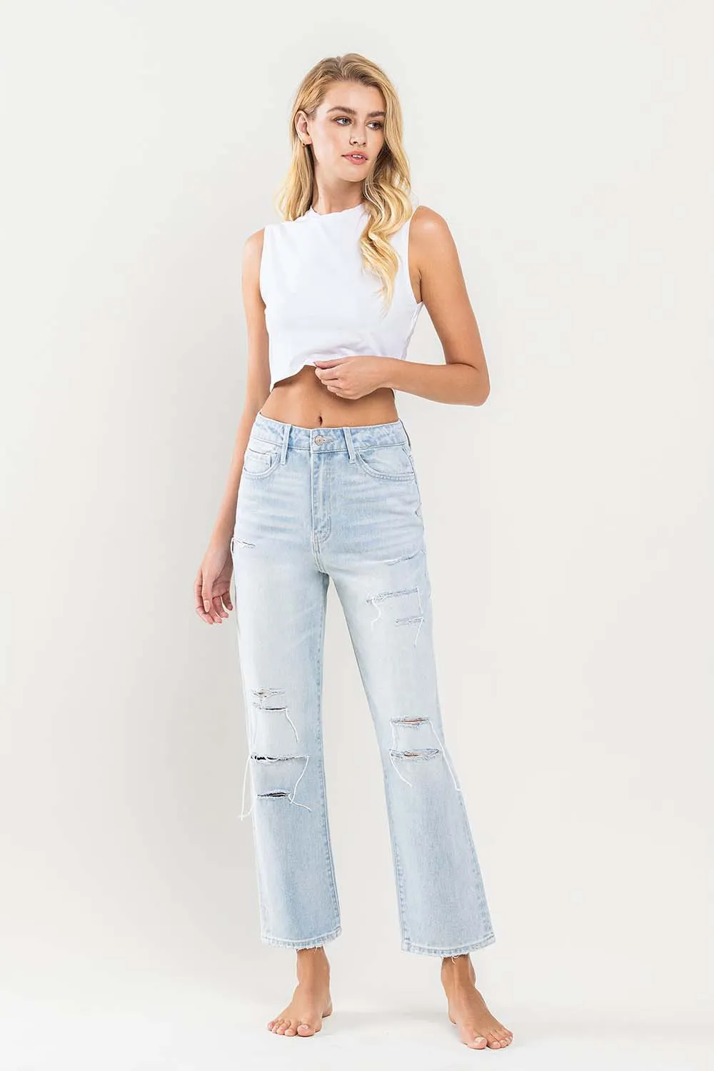 Vervet Super High Rise Light Wash Distressed Crop Straight Jeans