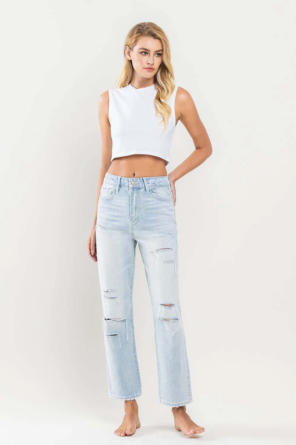 Vervet Super High Rise Light Wash Distressed Crop Straight Jeans