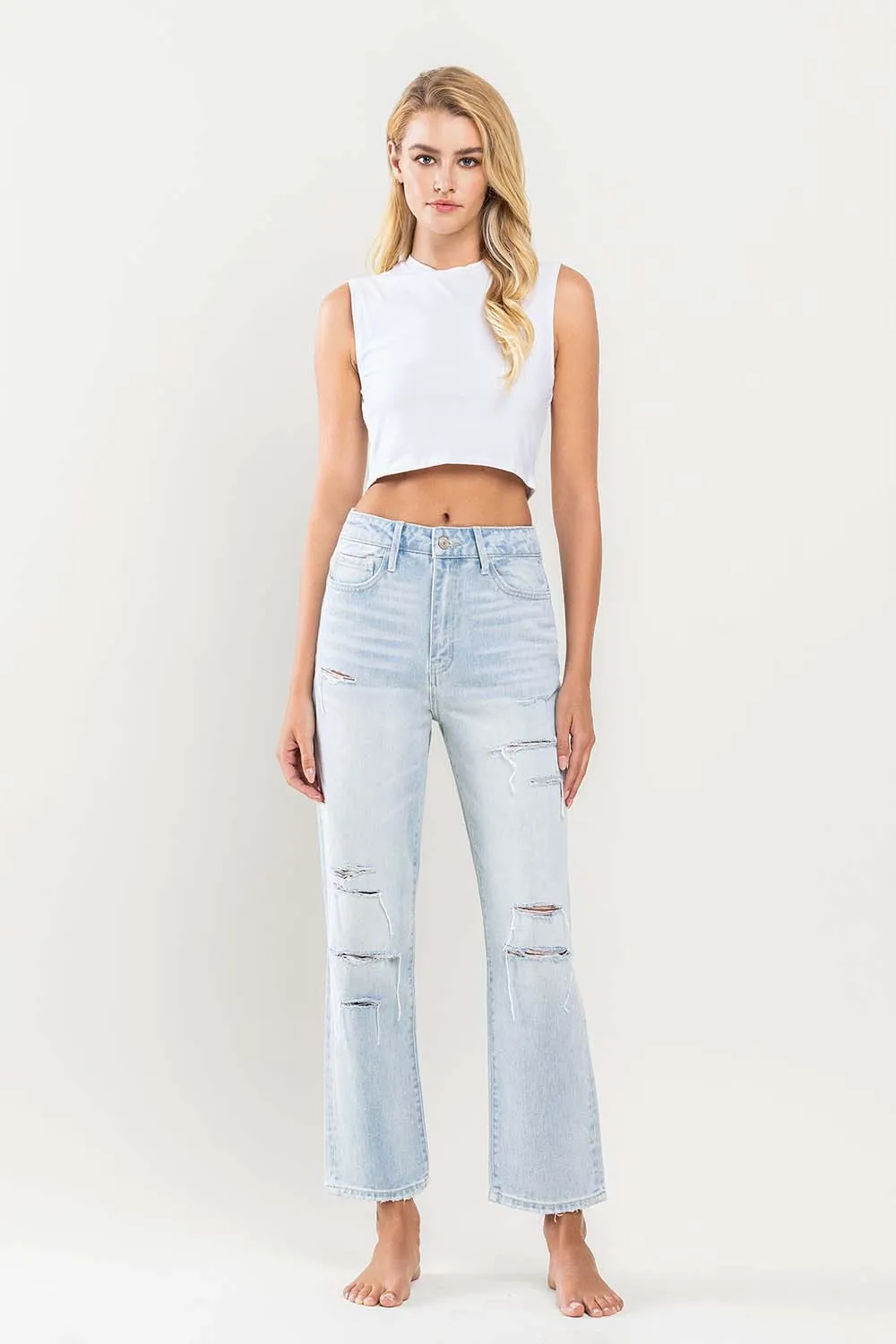 Vervet Super High Rise Light Wash Distressed Crop Straight Jeans