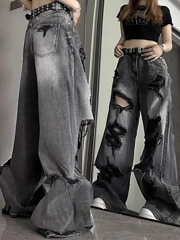 Wenkouban Black ripped boyfriend jeans with washed effect